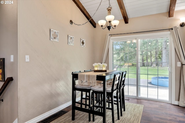 dining area with dark hardwood / wood-style flooring, vaulted ceiling with beams, and a notable chandelier