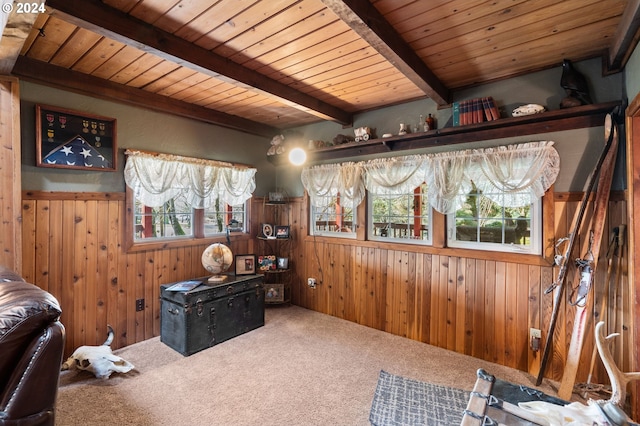 interior space featuring wood walls, wood ceiling, beam ceiling, and carpet flooring