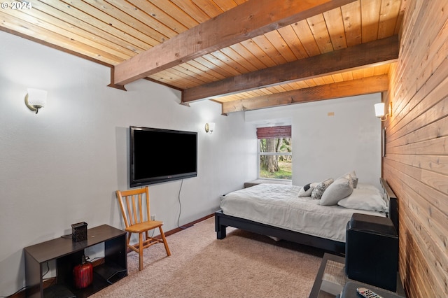 carpeted bedroom with wood ceiling and beamed ceiling