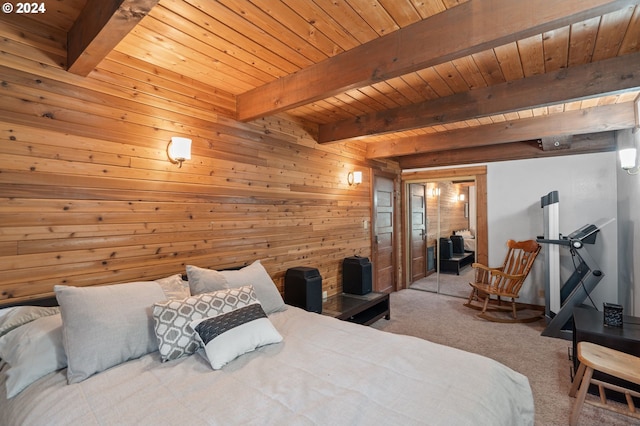 carpeted bedroom featuring wood ceiling, wood walls, and beamed ceiling