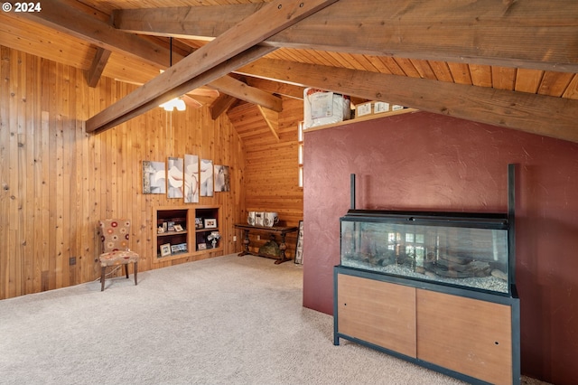 carpeted living room featuring wooden walls, wood ceiling, and lofted ceiling with beams