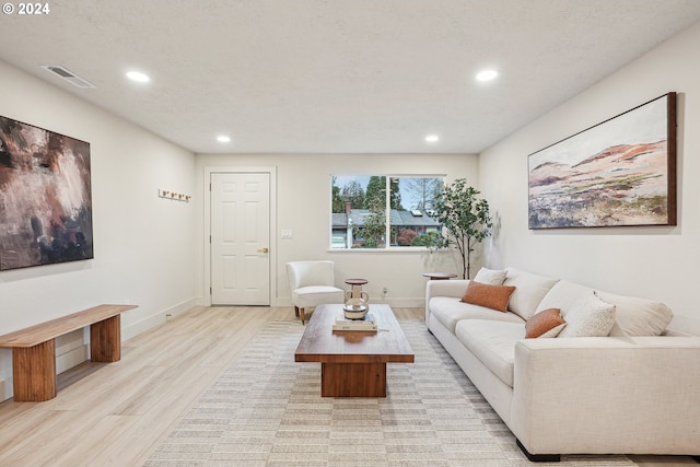 living room featuring a textured ceiling and light hardwood / wood-style flooring