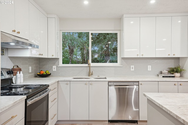 kitchen with stainless steel appliances, sink, tasteful backsplash, exhaust hood, and white cabinetry