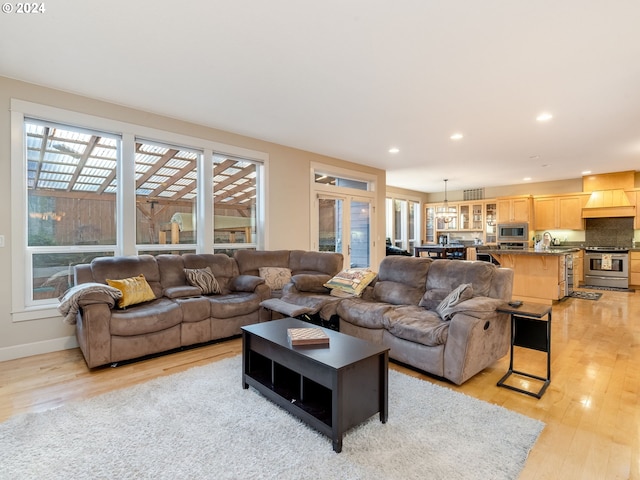 living room featuring a wealth of natural light and light hardwood / wood-style flooring