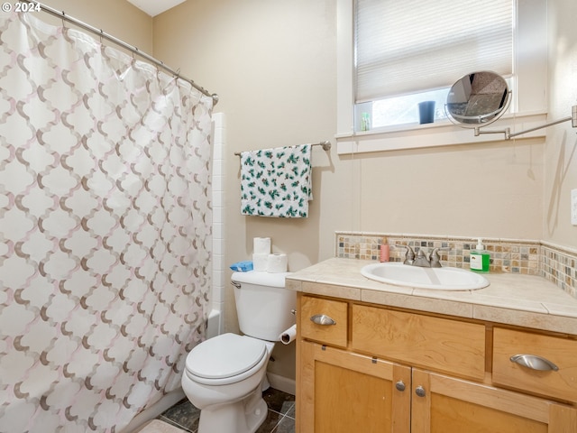 full bathroom with tile patterned flooring, backsplash, shower / bath combination with curtain, toilet, and vanity