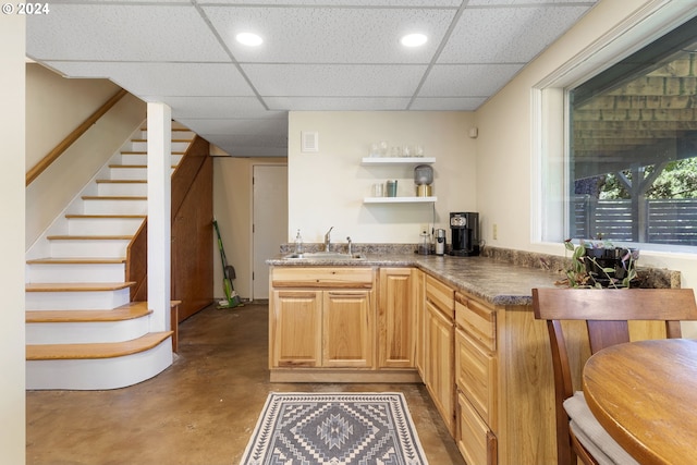 kitchen with concrete flooring, light brown cabinetry, a paneled ceiling, and sink