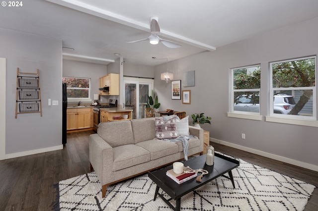 living room featuring ceiling fan, sink, and dark wood-type flooring