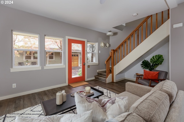 living room with dark wood-type flooring