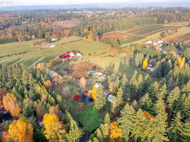 drone / aerial view featuring a view of trees and a rural view