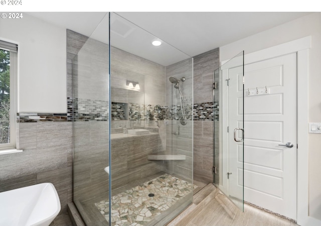 bathroom with shower with separate bathtub