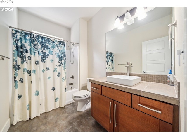 full bathroom with vanity, shower / tub combo, tasteful backsplash, toilet, and concrete flooring