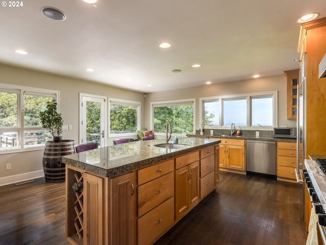 kitchen featuring a healthy amount of sunlight, stainless steel dishwasher, dark wood-type flooring, and an island with sink