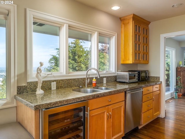 kitchen with wine cooler, plenty of natural light, dark hardwood / wood-style flooring, and stainless steel dishwasher