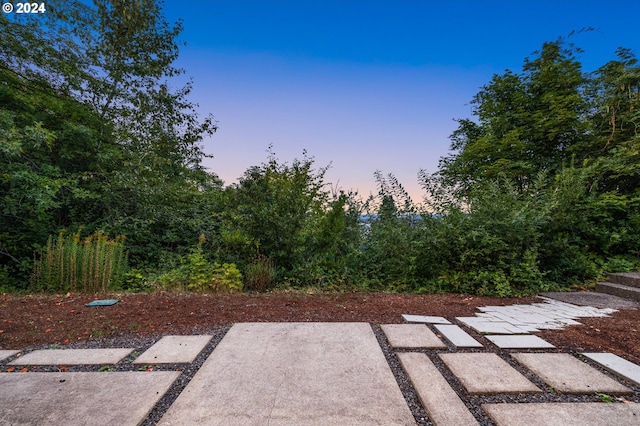 view of patio terrace at dusk