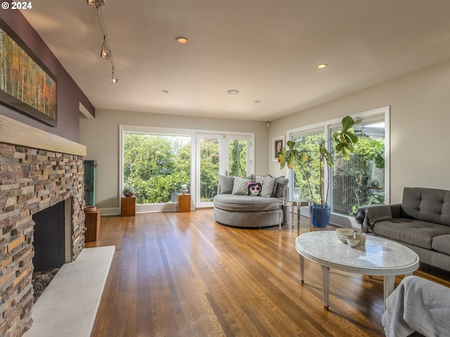 living room with track lighting, a fireplace, and hardwood / wood-style floors