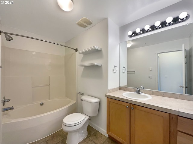 full bathroom featuring tile floors,  shower combination, toilet, and large vanity