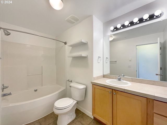 full bathroom featuring tile floors, shower / washtub combination, toilet, and vanity