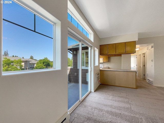 kitchen with light colored carpet and kitchen peninsula