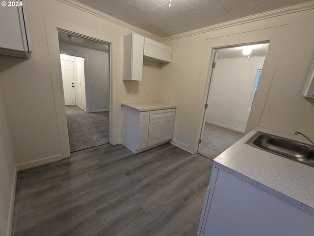 kitchen with dark hardwood / wood-style floors, white cabinetry, ornamental molding, and sink