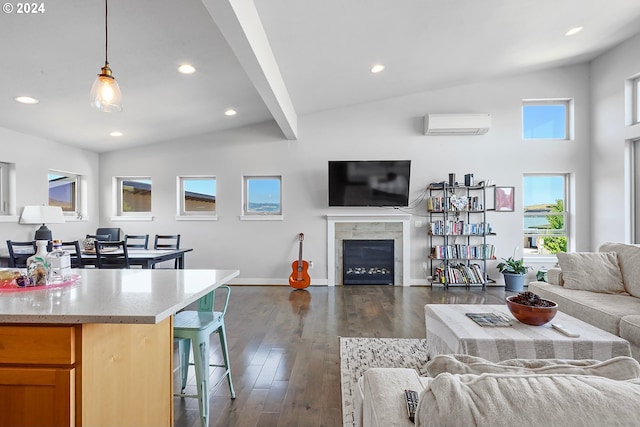 living room featuring dark hardwood / wood-style floors, a wall mounted AC, and vaulted ceiling with beams