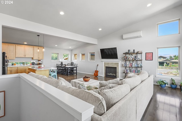 living room featuring a wealth of natural light, a wall unit AC, and dark hardwood / wood-style floors