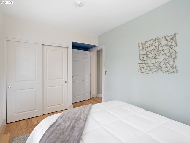 bedroom with light hardwood / wood-style floors and a closet