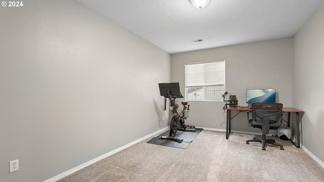 carpeted office featuring a textured ceiling