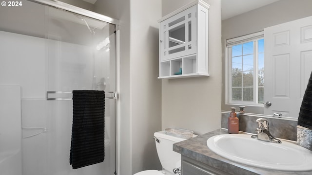 bathroom featuring vanity, toilet, and a shower with door