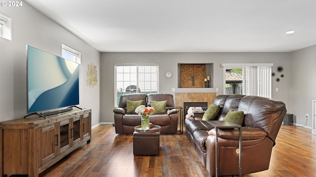 living room with a fireplace, dark hardwood / wood-style flooring, and plenty of natural light