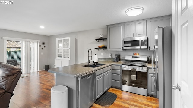 kitchen featuring kitchen peninsula, appliances with stainless steel finishes, light hardwood / wood-style floors, sink, and gray cabinets