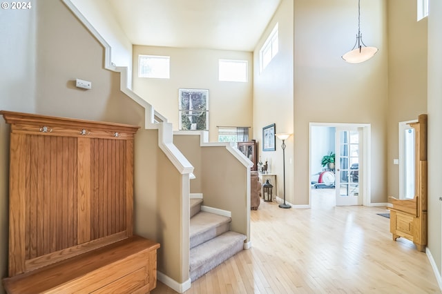 entryway with light hardwood / wood-style floors and a towering ceiling