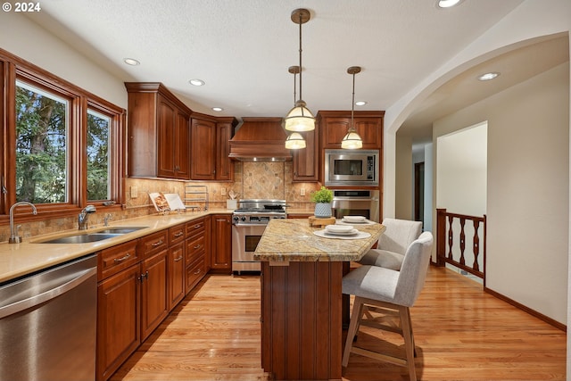 kitchen with premium range hood, sink, light hardwood / wood-style flooring, appliances with stainless steel finishes, and a kitchen island