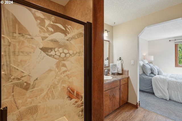 bathroom featuring wood-type flooring, a textured ceiling, and vanity