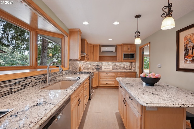 4243 Spring Rock Cir, West Linn, OR 97068 - kitchen with appliances with stainless steel finishes, an AC wall unit, backsplash, light stone counters, and recessed lighting