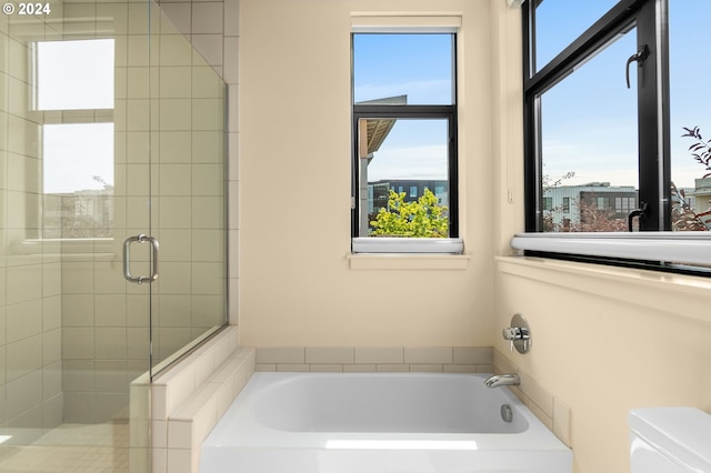 full bath featuring toilet, a garden tub, and a shower stall