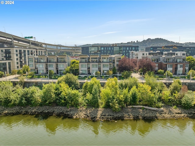 bird's eye view with a water view