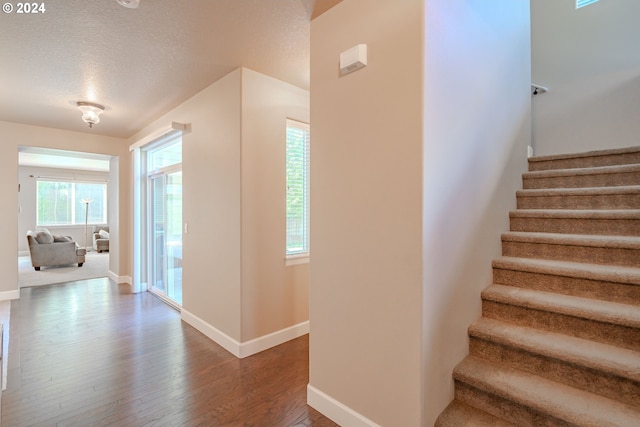 staircase featuring a textured ceiling and hardwood / wood-style floors