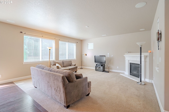 carpeted living room featuring a textured ceiling