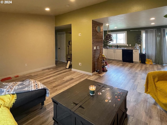 living room featuring hardwood / wood-style flooring and sink