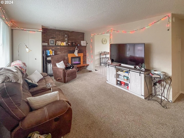 living room featuring carpet and a textured ceiling