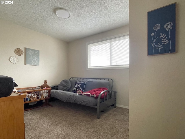 bedroom with carpet flooring and a textured ceiling