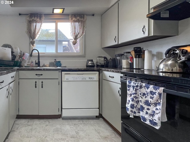 kitchen featuring white cabinetry, dishwasher, sink, black / electric stove, and exhaust hood