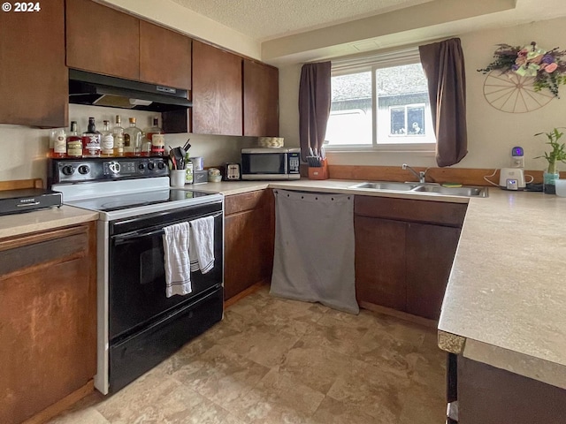 kitchen with dishwasher, a textured ceiling, sink, and electric stove