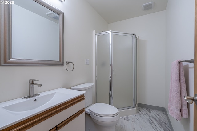 full bath featuring toilet, visible vents, marble finish floor, and a stall shower
