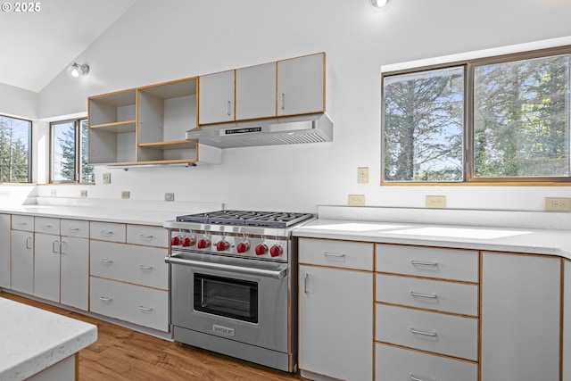 kitchen featuring light countertops, under cabinet range hood, lofted ceiling, and premium stove