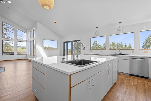 kitchen with stainless steel dishwasher, a sink, light wood-style flooring, and an island with sink