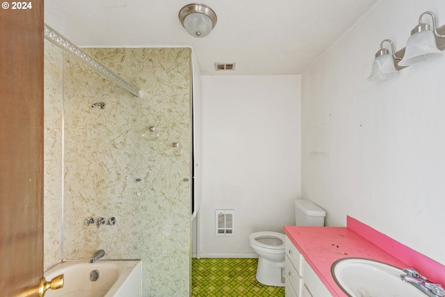 full bathroom featuring washtub / shower combination, vanity, and toilet