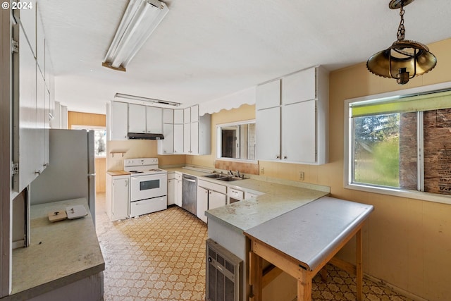 kitchen featuring dishwasher, hanging light fixtures, white cabinets, and white electric range oven