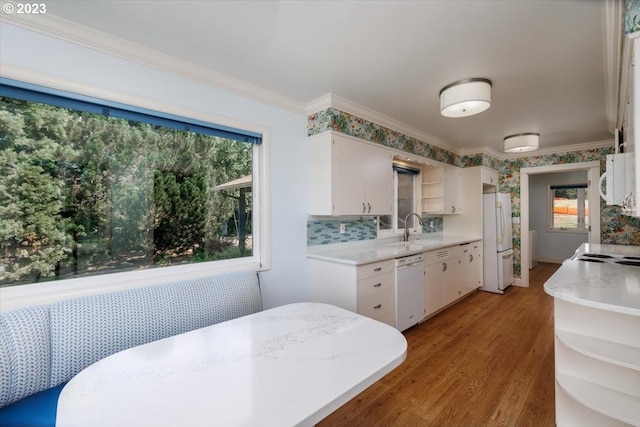 kitchen featuring white appliances, a healthy amount of sunlight, and hardwood / wood-style floors