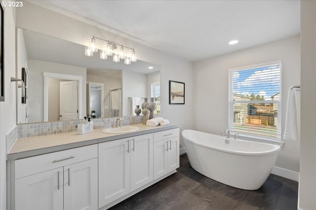 bathroom with vanity, tasteful backsplash, wood-type flooring, and plus walk in shower